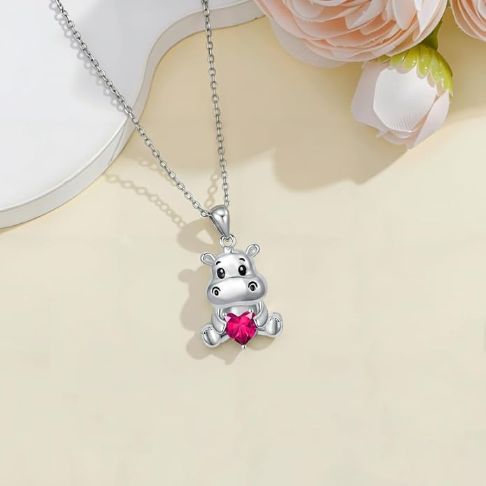 PROESS Animal Birthstone Necklace 925 Sterling Silver Otter/Axolotl/Hippo/Elephant/Dachshund/Monkey/Red Panda Pendant Necklace Animal Birthstone Jewelry Gifts for Women