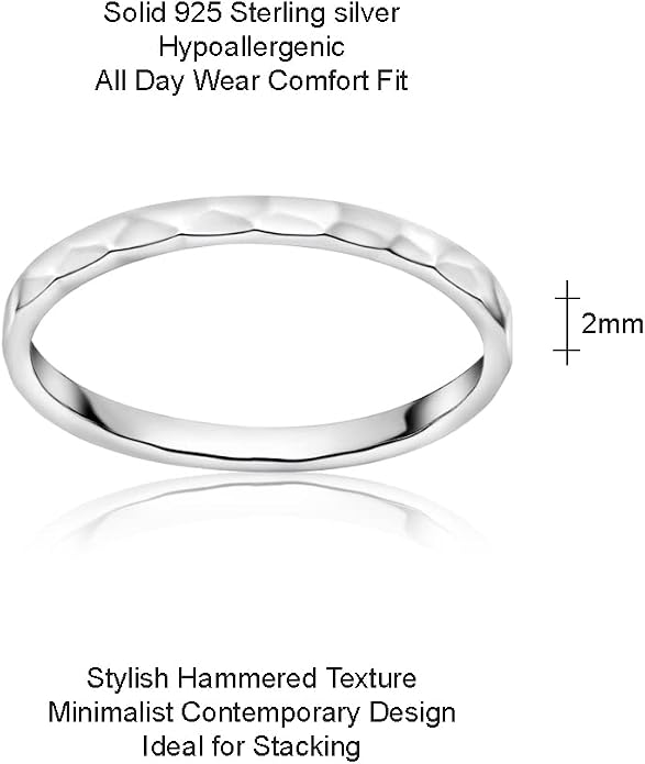 Hoops & Loops 925 Sterling Silver Thin Plain 2mm Hammered Stacking Ring | Skinny Comfort Fit Stackable Band Ring for Women