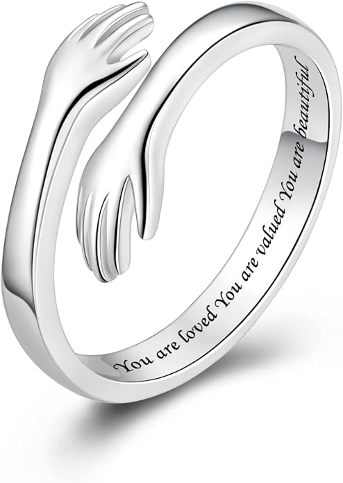 S925 Sterling Silver Hug Rings for Women Teen Girls Adjustable Ring for Granddaughter Daughter Hope Promise Friendship Hand Ring Jewelry for Birthday Graduation Christmas Mothers Day Valentines Gifts