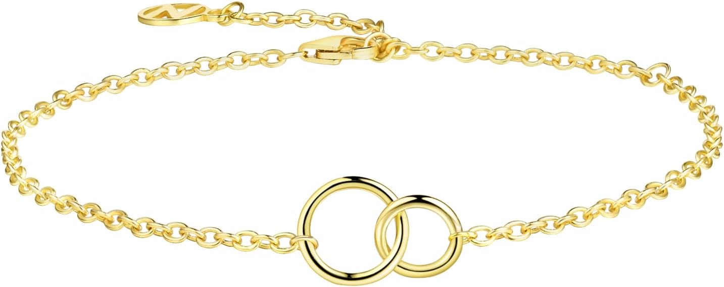 NOKMIT Solid 925 Sterling Silver Bracelets for Women, Dainty Interlocking Circles Cubic Zirconia Adjustable Chain Bracelet, Trendy Stackable Link Bracelets, Simple Cute Jewelry Gifts