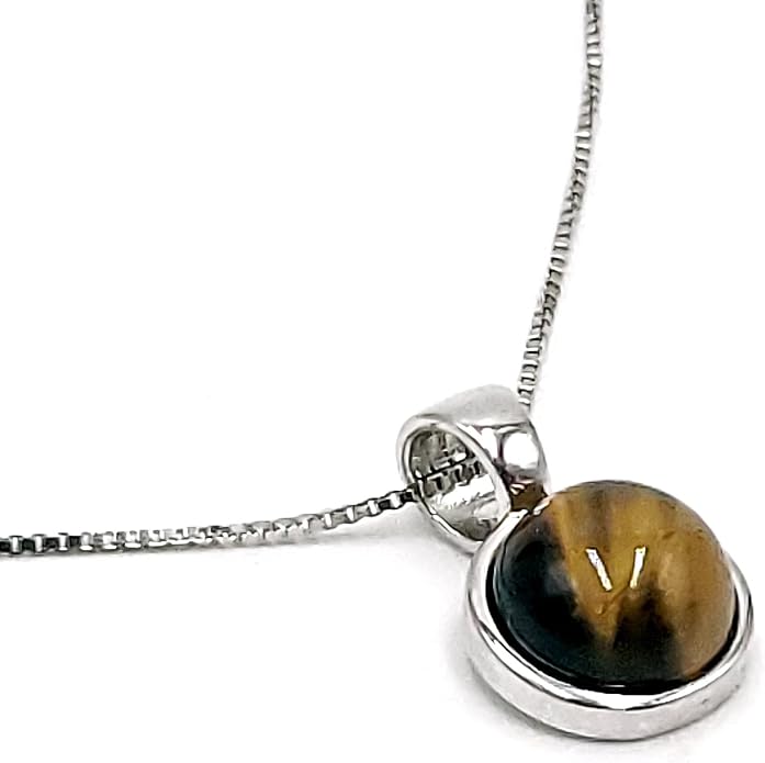 Natural gemstone 8mm round pendant with white gold over 925 sterling silver bezel cabochon plate and box chain, real genuine dainty birthstone gift for her, uniquelan jewelry