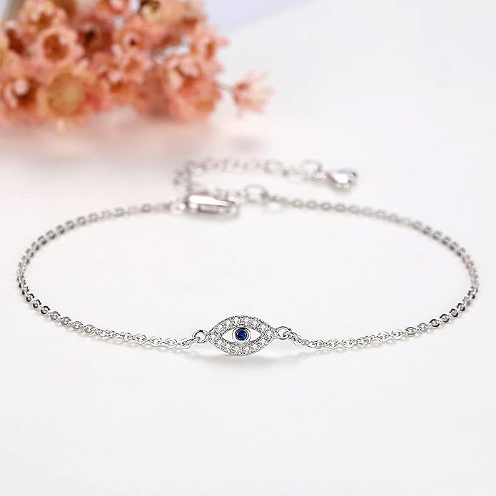 Hamsa Evil Eye Bracelet 925 Sterling Silver Cubic Zirconia Anklet for Women Chain Adjustable 6.3in+1.6in