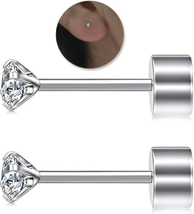 20G Hypoallergenic G23 Titanium Cubic Zirconia Silver Flat Back Earrings for Women and Men,Nickel-Free and Lead-Free Medical Waterproof Studs,Cartilage Stud Earrings for Sensitive Ears,Fashion Piercing Jewelry for Sensitive Skin