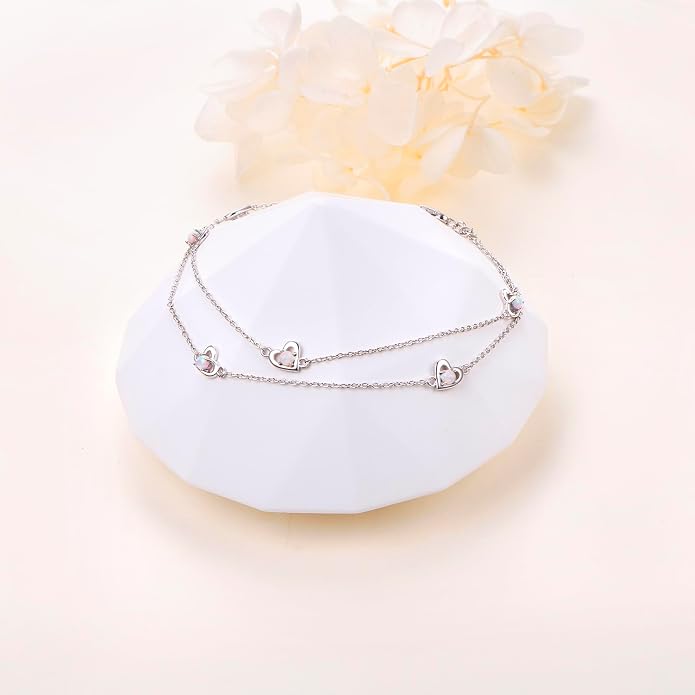 Flyow Anklet for Women S925 Sterling Silver Adjustable Foot Beaded Heart Charm Ankle Bracelet Anklets Jewelry