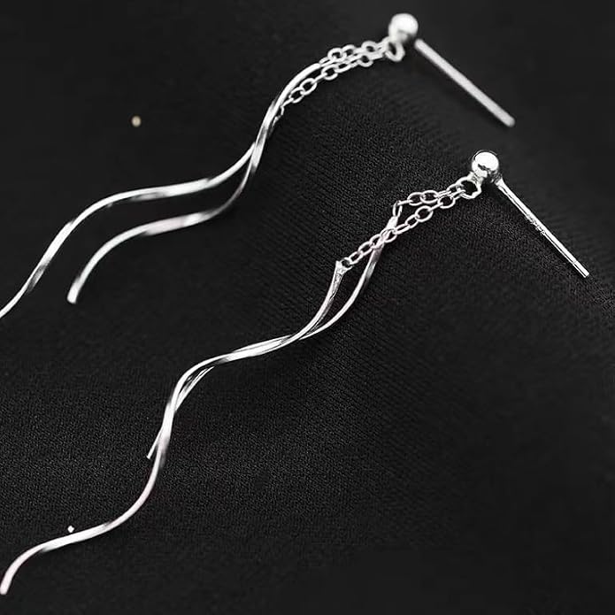 925 Sterling Silver Dainty Hard Wire Threader Dangle Earrings for Women 14k Gold Plated Tassel Threader Pull Through Long Half Hoop Earring Wedding Bridal Birthday Jewelry Gifts