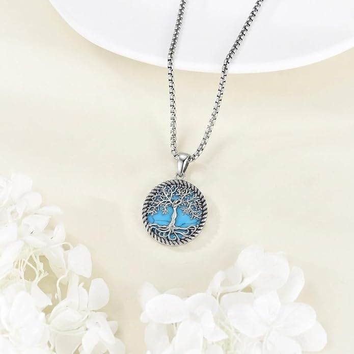 Tree of Life Necklace 18K White Gold Plated Turquoise/Pearl Shell/Malachite/Abalone Shell/Blue Opal/Black Onyx Tree Necklace Jewelry Gift for Women Men,22+2"