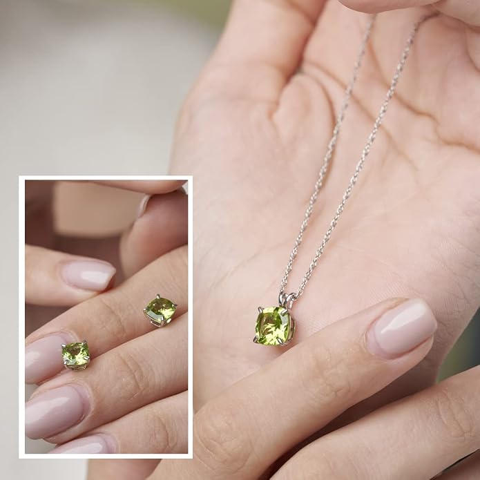 MAX + STONE 14k Gold Plated or Sterling Silver Cushion Cut Gemstone Stud Earrings and Pendant Necklace for Women with 6mm and 8mm Birthstones 18 Inch Chain and Push Backs Jewelry Set