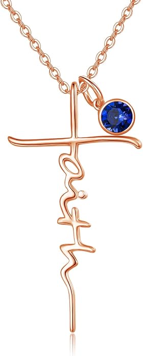 PRAYMOS Faith Cross Necklace for Women 925 Sterling Silver Pendant Necklace With Birthstone Initial Christian Religious Confirmation Baptism Mothers Day Gifts