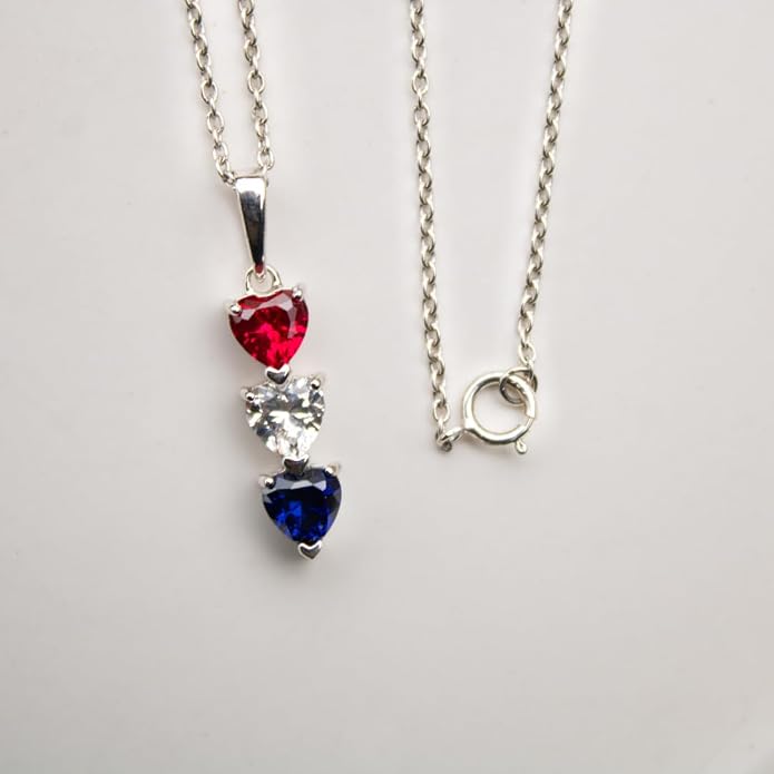 Silver Smile Sterling Silver 3 Birthstone Pendant for Women – Lab-Grown Ruby, White & Blue Gemstones – Hypoallergenic & Tarnish Resistant – 925 Rhodium-Plated Pendant – Elegant Patriotic Gift for Her