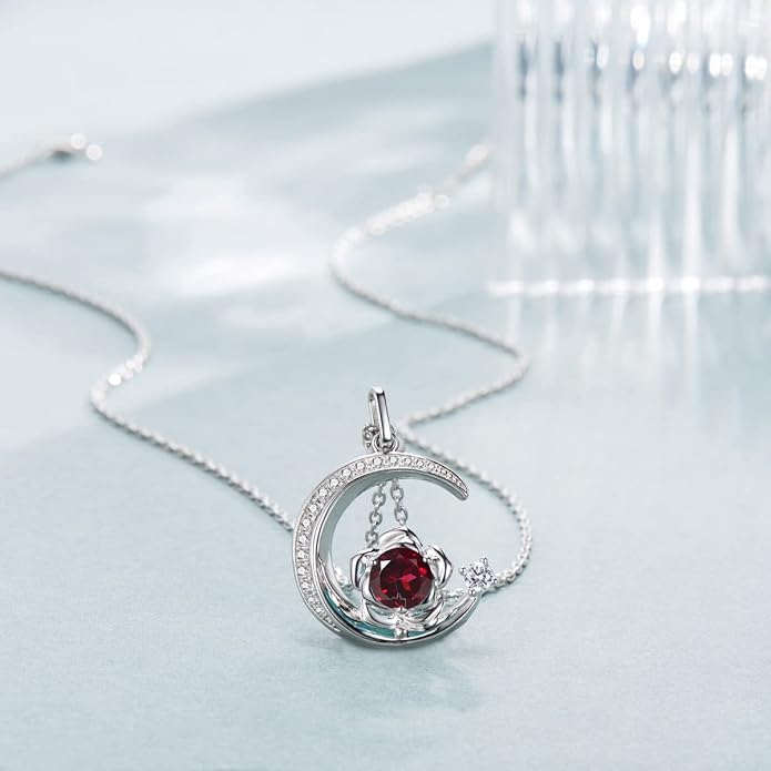 Birthstone Necklace for Women Sterling Silver Moon Pendant Necklaces Anniversary Birthday Fine Jewelry Gifts for Her Women Mother, Adjustable Chain