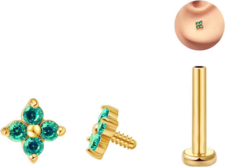 FANSING CZ Flower Internally Threaded Flat Back Earring Labret Stud for Cartilage Tragus Helix Conch