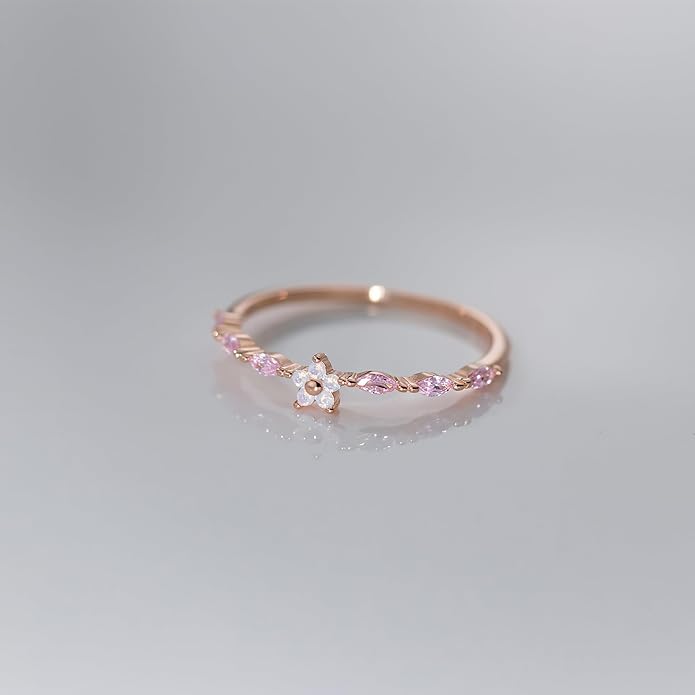 SUYACS 925 Sterling Silver Flower Rings with 6 Marquise Cut Pink Birthstone for Women Gold Plated Cute Opal Floral Small Stackable Ring Mother Daughter Statement Ring Jewelry Birthday Gifts