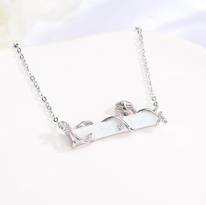 Bar Opal Leaf Necklace For Women S925 Sterling Silver White Opal Pendant with Leaf Charm Bar Pendant Jewelry Gift For Mom Daughter Wife