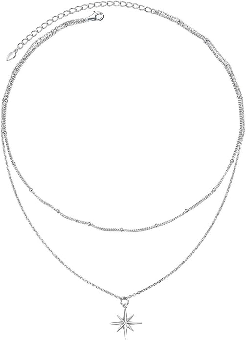 FLYOW Layered Choker Necklace S925 Sterling Silver Star Full Moon Daisy Flower Pendant Disc Jewelry Adjustable Clavicle Necklaces for Women Girls Birthday Gifts