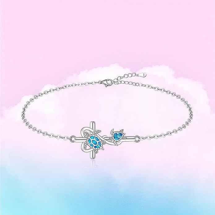 Fenthring Turtle Anklet S925 Sterling Silver Blue Opal Sea Turtle Ankle Bracelets for Women Infinity Wave Ocean Beach Summer Foot Bracelet Jewelry Layered Adjustable