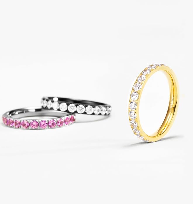 TIGRADE 3mm Women Titanium Engagement Ring Cubic Zirconia Eternity Wedding Band Size 3-13.5