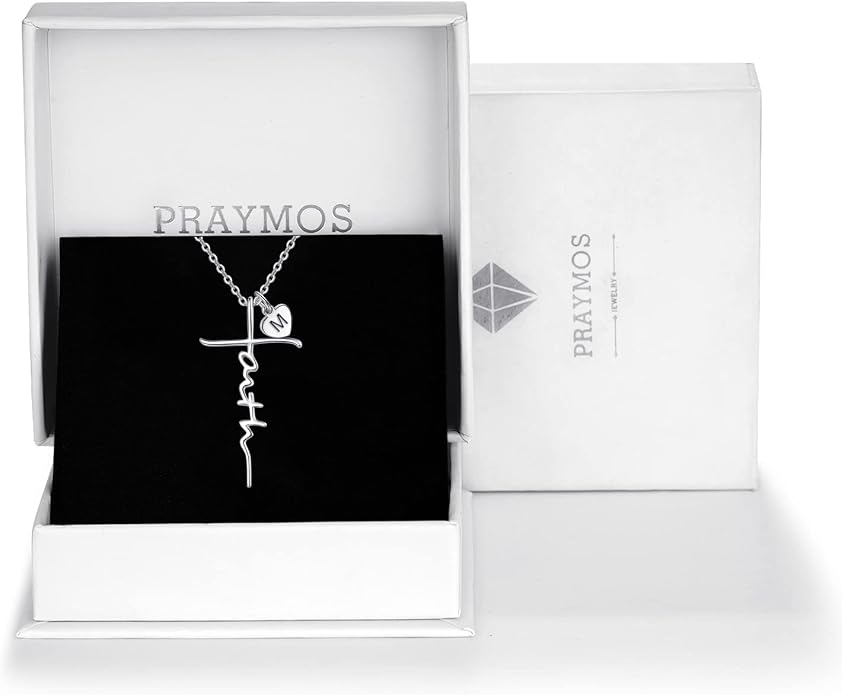 PRAYMOS Faith Cross Necklace for Women 925 Sterling Silver Pendant Necklace With Birthstone Initial Christian Religious Confirmation Baptism Mothers Day Gifts