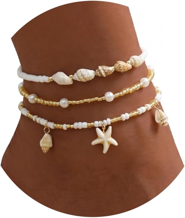 Qceasiy Shell Ankle Bracelet Set for Women, Gold Plated Boho Bead Adjustable Anklet, Hawaiian Beach Seashell Pearl Heart Starfish Conch Foot Jewelry Gifts