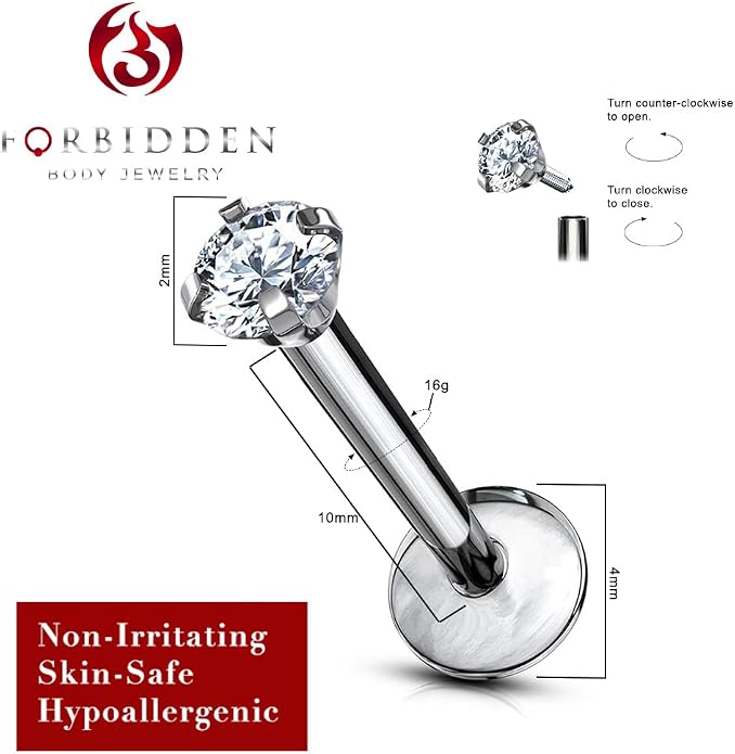 16 g Titanium Internally Threaded Tragus Piercing Jewelry CZ Top Flat Back Piercing Nose Studs Earring, Helix, Cartilage, Labret, Monroe for Women or Men
