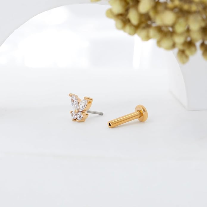 1Pcs 14K Yellow/White Gold Cartilage Earring for Women, 16G Threadless Flat Back Top Push in, Butterfly Tragus Helix Labret Lip Stud Piercing Jewelry