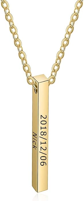 LanM Gifts for Dad Father's Day Gifts Personalized Mens Necklace Custom Name Necklaces for Men Bar Necklace for Women Engraved Initial Name Vertical Bar Necklace for Father