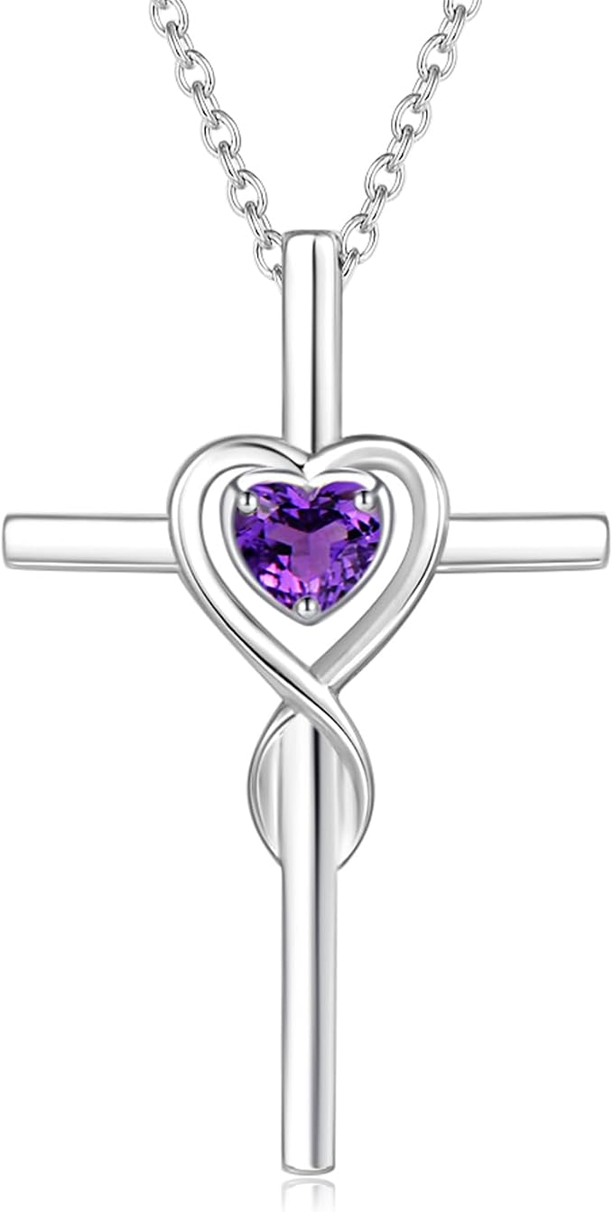 FANCIME Birthstone Cross Necklace for Women Birthstone Necklace Heart Infinity Cross Pendant Necklace Fine Jewelry Christmas Birthday Holiday Gifts for Her, 16"+2" Inches