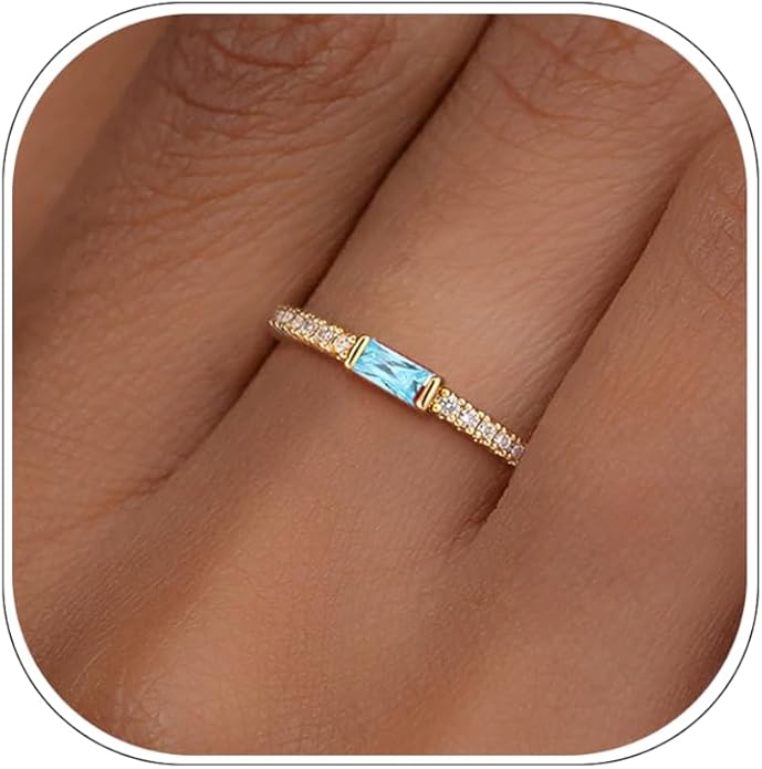 RLMOON Birthstone Gold Rings for Women Non Tarnish 14K Gold Plated Eternity Stackable Rings Dainty CZ Gemstone Engagement Rings Wedding Band Jewelry Gifts Size 4-10