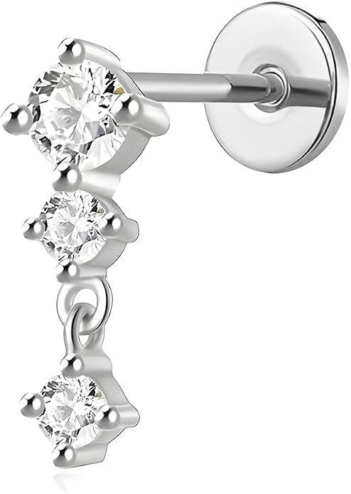Sterling Silver 925 Flat Back Earring for Women 1PC 16G Helix Piercing Jewelry Dangle Cartilage Earring Internally Threaded Tragus Forward Conch Stud CZ Ear Ring 8mm Gifts