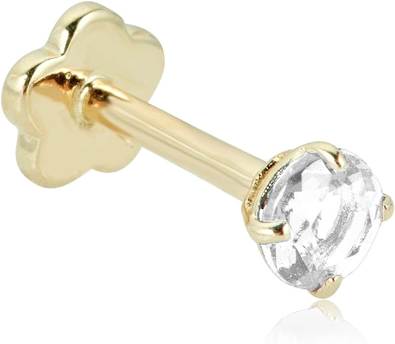 AVORA 14K Yellow/White Gold 3mm Round Simulated Diamond (0.1 carat) Cartilage Piercing Flat Back Earring Body Jewelry (18 Gauge) - Emerald, Ruby, Amethyst, Sapphire, Sim. Diamond