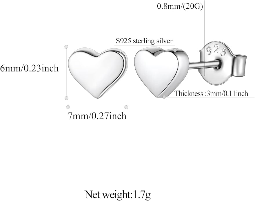 FindChic Hypoallergenic Sterling Silver Small Bar/Heart/Dot/Triangle/Butterfly/Lightning Studs Earrings Minimalist Geometric Jewelry Valentine Gifts for Women Men Girls, with Gift Box