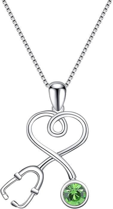 AOBOCO Stethoscope Necklace 925 Sterling Silver Embellished with 12 Months Birthstone Crystals from Austria, Graduation Gifts Medical Jewelry for Doctor Nurse Medical Student RN