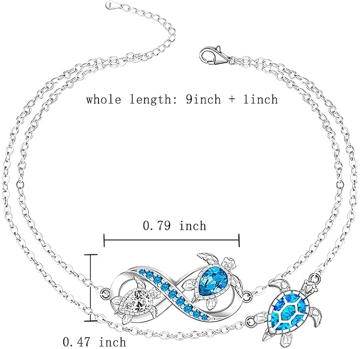 Fenthring Turtle Anklet S925 Sterling Silver Blue Opal Sea Turtle Ankle Bracelets for Women Infinity Wave Ocean Beach Summer Foot Bracelet Jewelry Layered Adjustable