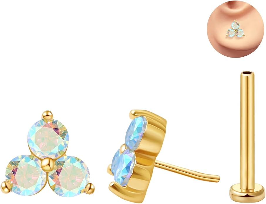 FANSING Cartilage Earring Tragus Stud Trio CZ Stone Flat Back Earring for Helix Conch Threadless Push Pin Labret Stud