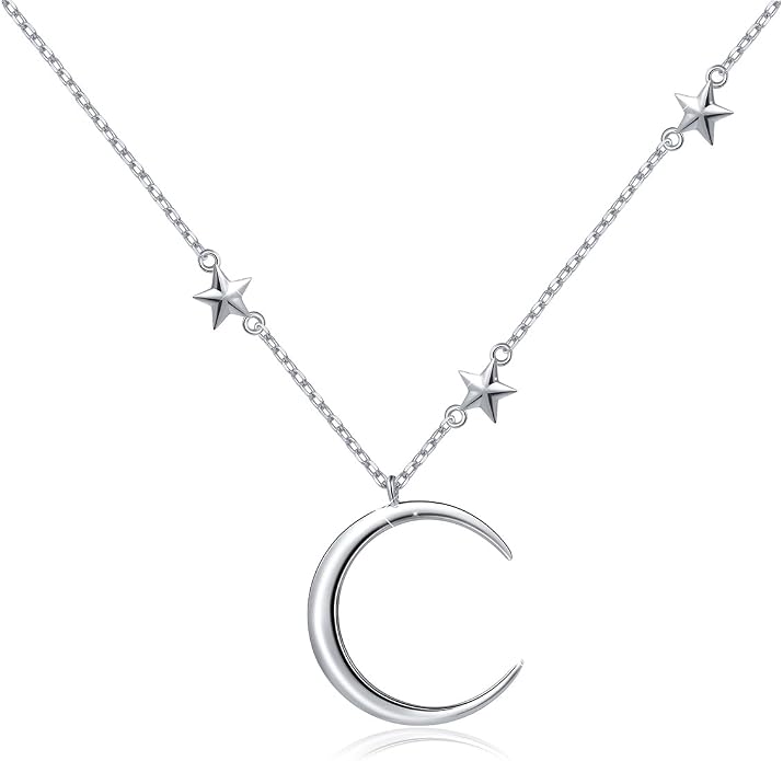 Ladytree 925 Sterling Silver Jewelry Crescent Moon and Star Pendant Necklace