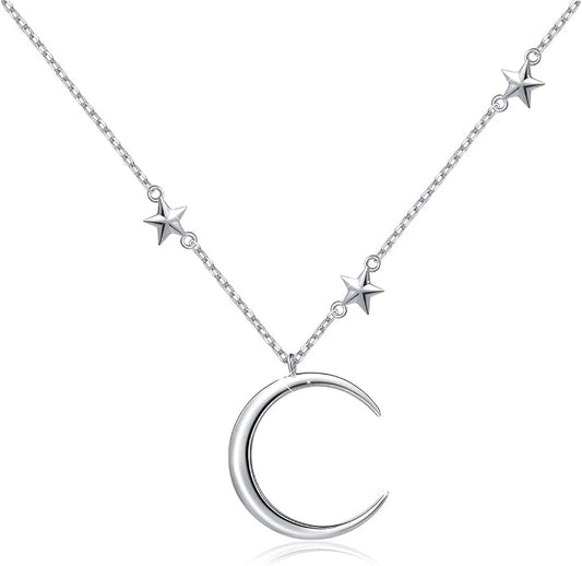 Ladytree 925 Sterling Silver Jewelry Crescent Moon and Star Pendant Necklace
