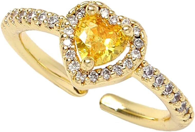 Gold Birthstone Rings for Women Non Tarnish 14k Gold Plated Dainty Heart Rings Adjustable Size Cubic Zirconia Ring Gold Simulated Gemstone Rings Birthday Gifts for Women