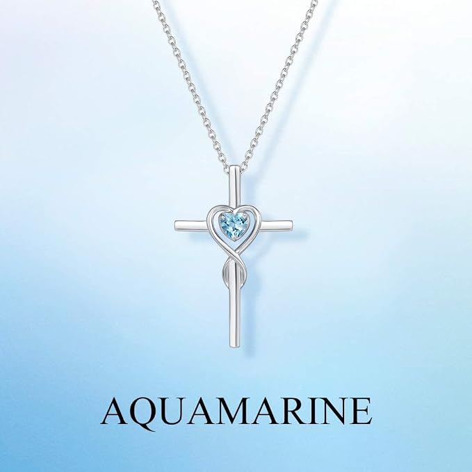 FANCIME Birthstone Cross Necklace for Women Birthstone Necklace Heart Infinity Cross Pendant Necklace Fine Jewelry Christmas Birthday Holiday Gifts for Her, 16"+2" Inches