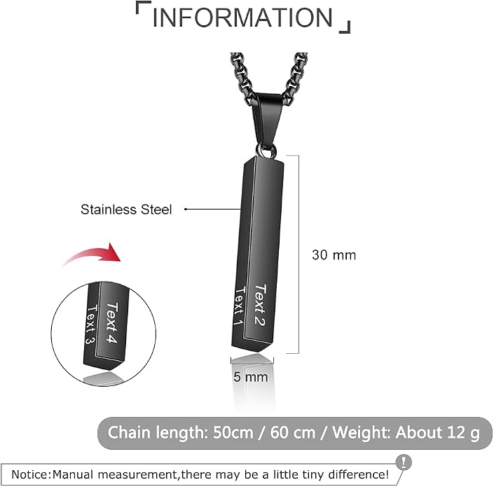 Personalized Men's Name Bar Necklace Engraved Initial Name Stainless Steel Vertical Bar Necklace for Father Husband Boyfriend Birthday