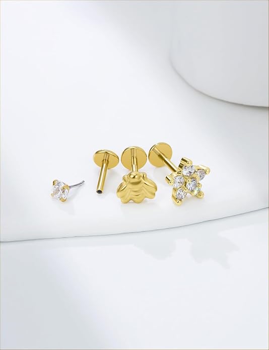 14K Gold Filled 20G 18G 16G Threadless Flat Back Earrings Studs Surgical Stainless Steel Clear CZ Push In Nose Rings Studs Tragus Helix Conch Cartilage Earrings Piercing Jewelry For Women Men