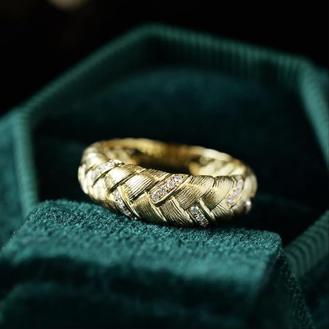 14K Gold Plated 7MM Wide Band Croissant Dome Ring Twisted Braided Gold Plated Ring Chunky Signet Ring for Women Size 7#