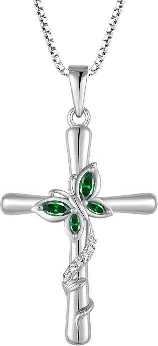 Cross Necklace for Women 925 Sterling Silver Butterfly Necklace Birthstone Pendant Created Gemstone Jewelry Gifts for Women