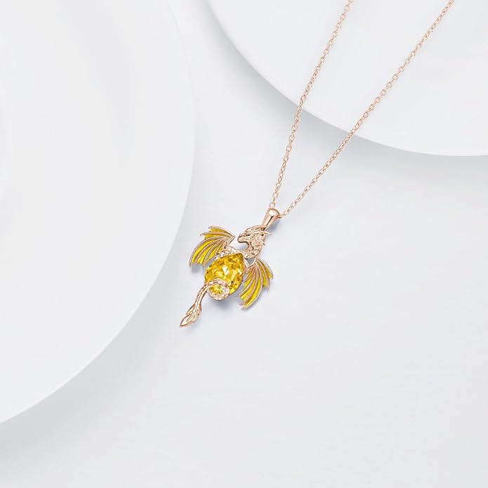 Dragon Necklace for Men Sterling Silver Birthstone Wyvern Necklace Embllished with Teardrop Shaped Crystal Jewelry for Women