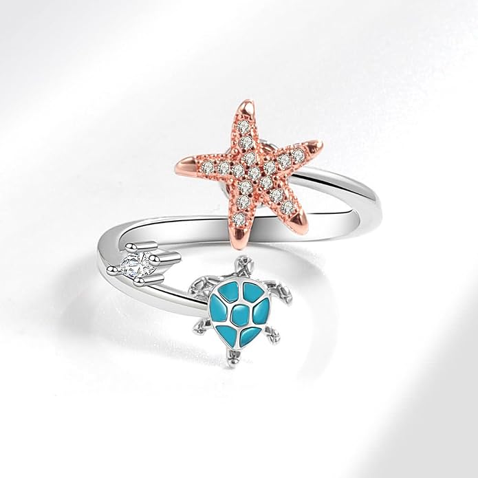 Starfish Turtle Fidget Anxiety Open Rings for Women Cute Funny Adjustable Crystal Spinner Stress Relief Stackable Ring Rotatable Calming Worry Meditation Jewelry Birthday Christmas Gifts