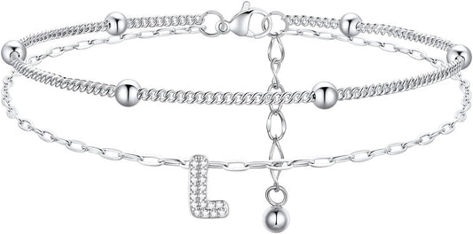 FindChic Silver/14K Gold Plated Layered CZ Initial Ankle Bracelet for Women | Waterproof Stainless Steel, Cubic Zirconia Letter Charm, Non-Tarnish, Hypoallergenic, Adjustable Extender, Summer Jewelry