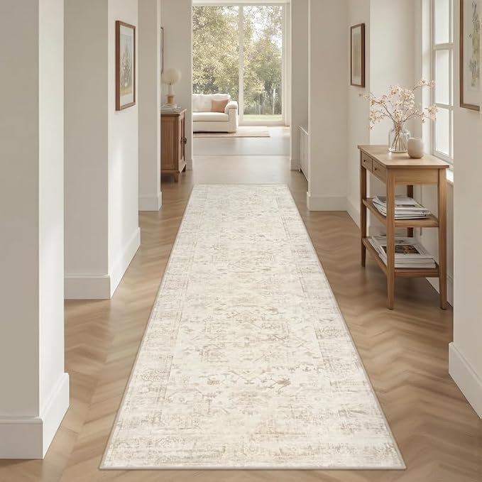 2'6''x8' Hallway Washable Runner Rug: Vintage Boho Neutral Kitchen Rug Soft Small Area Rug Indoor Floor Non-Slip Low Pile Carpet for Farmhouse Entryway Laundry Bathroom Bedroom Beside Rugs Beige/Brown
