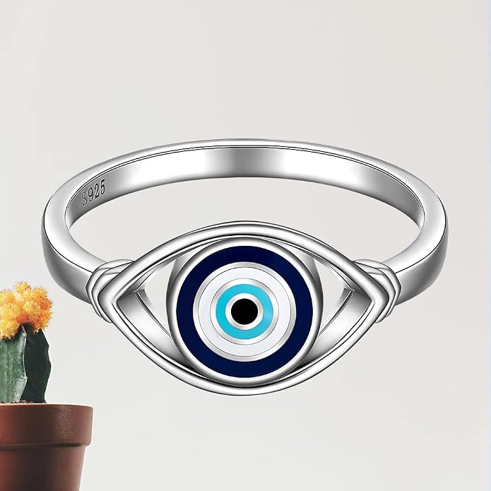 Evil Eye Ring for Women Sterling Silver Blue Spiritual All Seeing Turkish Evil Eye Rings Mal De Ojo Nazar Amulet Greek Eye Religious Jewelry Gift Size 6-10