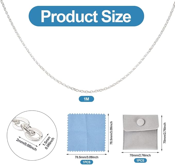 Elecrelive 3.28 Feet 925 Sterling Silver Cable Chains 1.5mm Thin Small Link Silver Necklace Permanent Jewelry Chain for Women Minimalist Necklace Bracelet Making