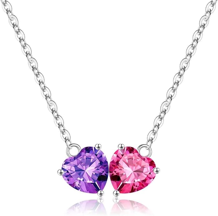 Iefil 1.25Ct Double Heart Birthstone Necklace - 925 Sterling Silver Birthstone Necklace, Birthday Gifts for Women, Jewelry Gifts for Mom Daughter Wife