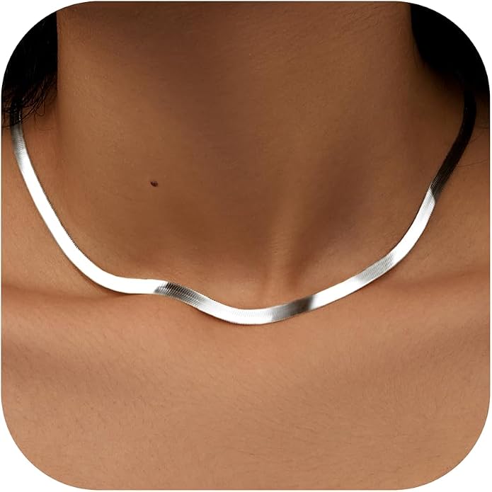 WomenGifts 14K Gold Silver Plated Herringbone Necklace for Women, Dainty Snake Chain Choker, Trendy Simple Long Layered Jewelry Non Tarnish, 3/4/5/8mm,14,16,18,20,22,24,26 Inch Thin & Chunky Options