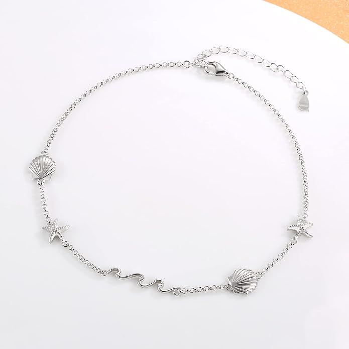 Ocean Wave Beach Shell Anklet 925 Sterling Silver Sea Starfish Seashell Ankle Bracelet Summer Jewelry Gifts for Women
